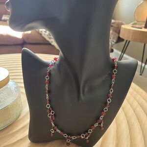 Liz Claborne Vintage Ruby Red Crystal Beaded Necklace Silver Tone Chain Drop